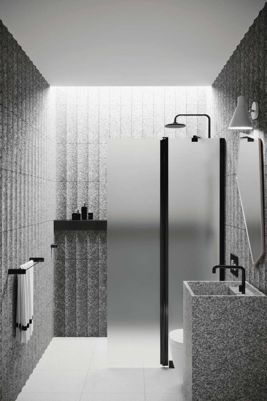 Hinged shower screen with fixed part Hietakari Infinia 214, black frame, satin frosted glass