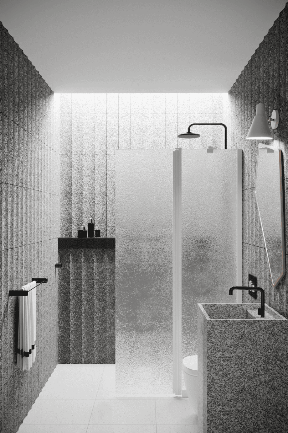 Hinged shower screen with fixed part Hietakari Infinia 214, white frame, Chinchilla patterned glass