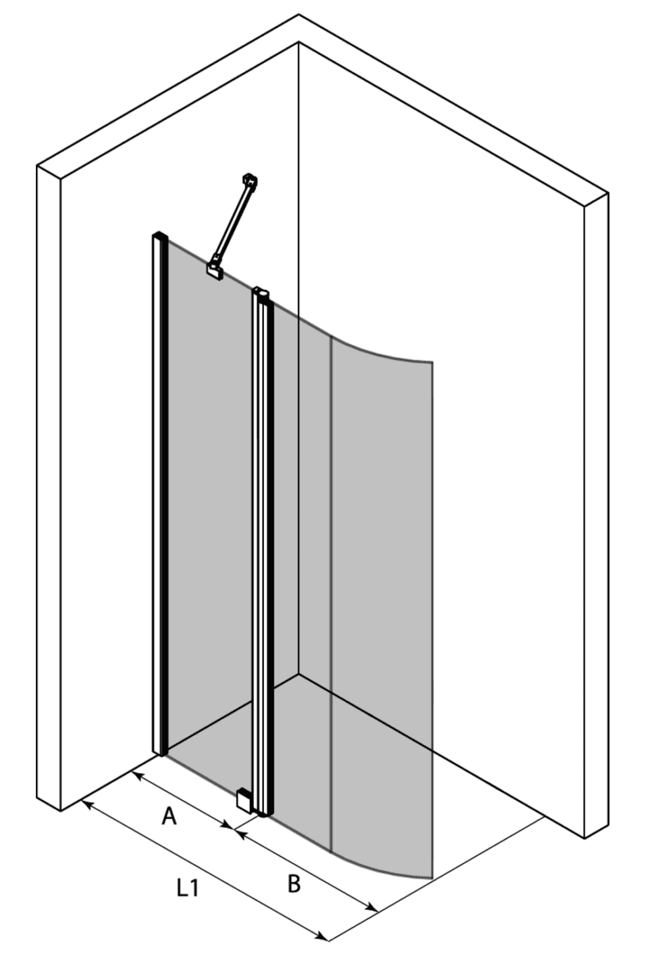 Curved hinged shower screen with fixed part Hietakari Infinia 224 – 3D drawing Curved hinged shower screen with fixed part Hietakari Infinia 224 – 3