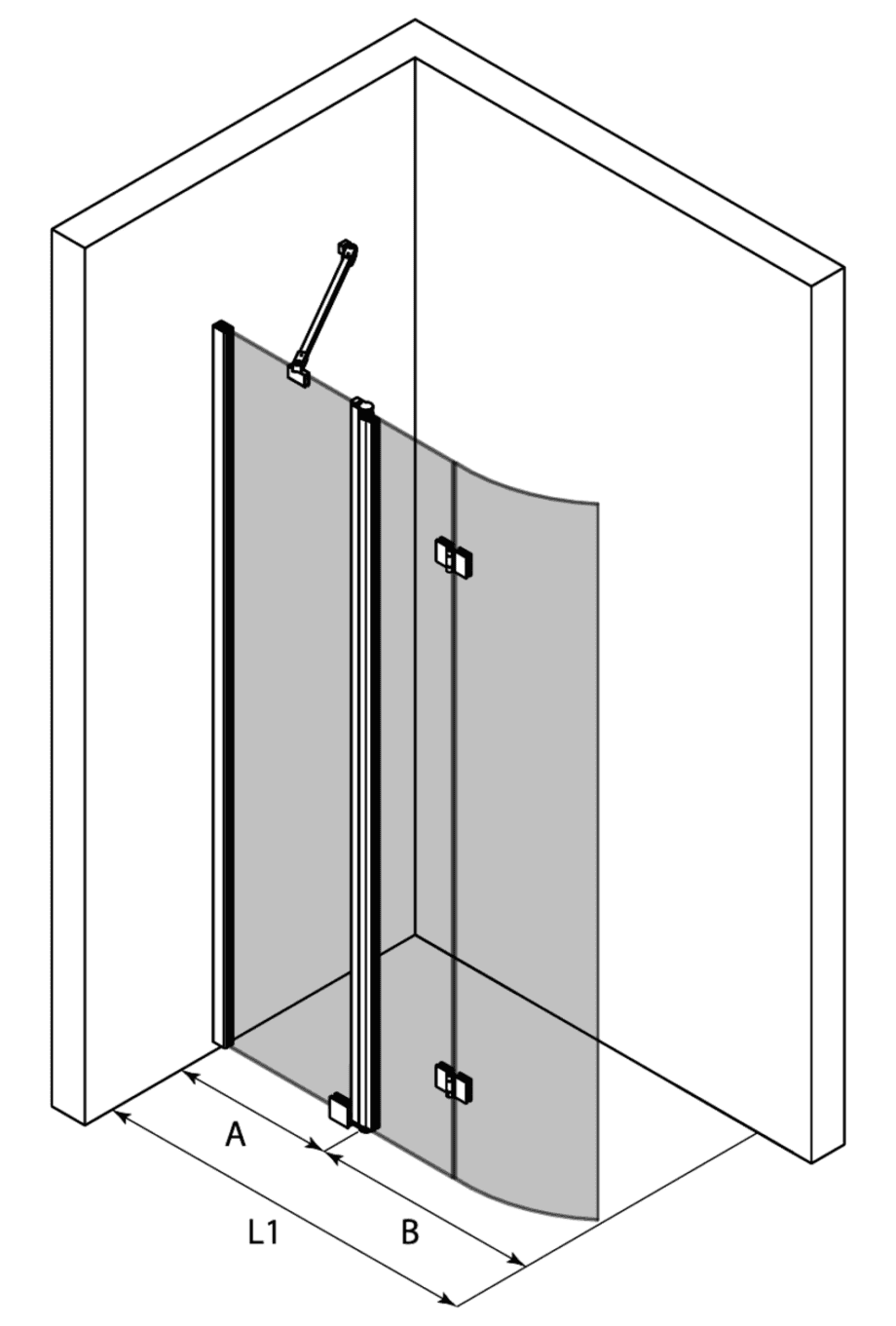 Curved folding shower screen with fixed part Hietakari Infinia 225 – 3D drawing