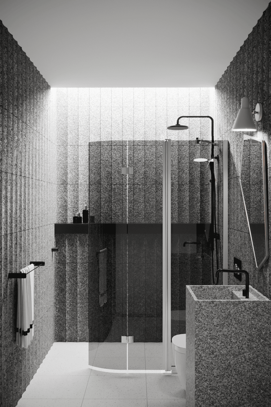 Curved folding shower screen with fixed part Hietakari Infinia 225, aluminium frame, grey tinted glass