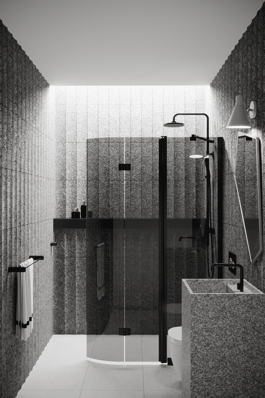 Curved folding shower screen with fixed part Hietakari Infinia 225, black frame, grey tinted glass