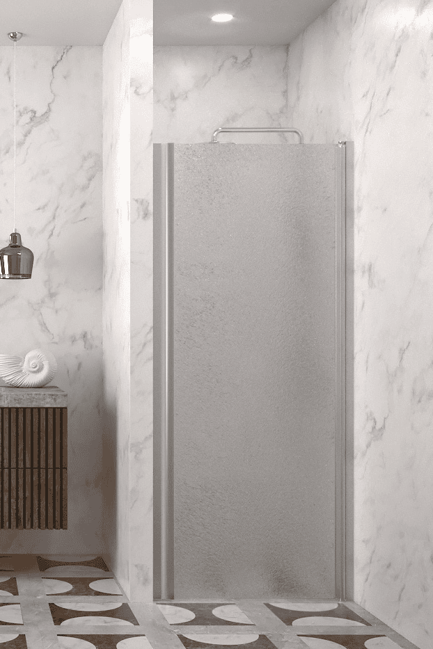Hinged shower door with wall magnet Hietakari Infinia 233, aluminium frame, Chinchilla patterned glass