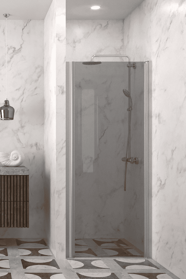 Hinged shower door with wall magnet Hietakari Infinia 233, aluminium frame, grey tinted glass