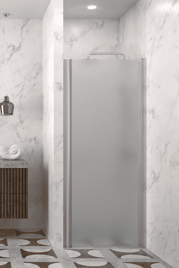 Hinged shower door with wall magnet Hietakari Infinia 233, aluminium frame, satin frosted glass