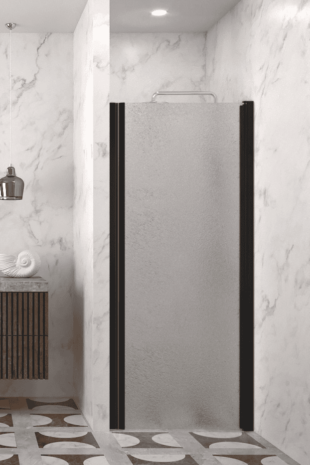 Hinged shower door with wall magnet Hietakari Infinia 233, black frame, Chinchilla patterned glass