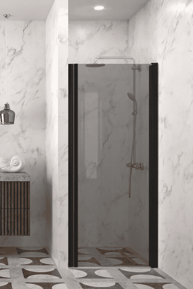 Hinged shower door with wall magnet Hietakari Infinia 233, black frame, grey tinted glass