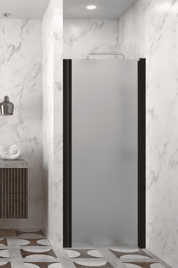 Hinged shower door with wall magnet Hietakari Infinia 233, black frame, satin frosted glass