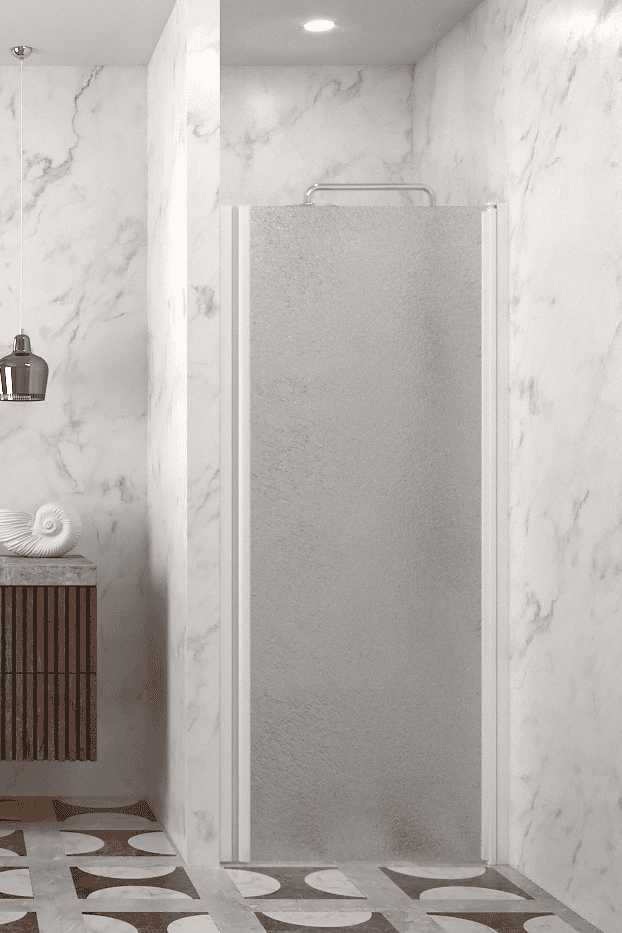 Hinged shower door with wall magnet Hietakari Infinia 233, white frame, Chinchilla patterned glass