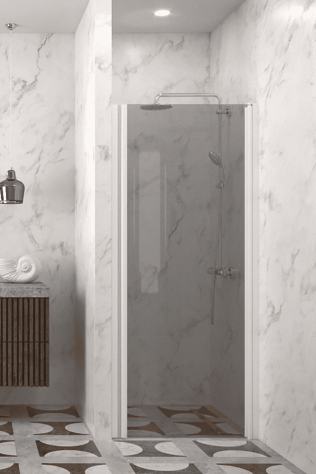 Hinged shower door with wall magnet Hietakari Infinia 233, white frame, grey tinted glass
