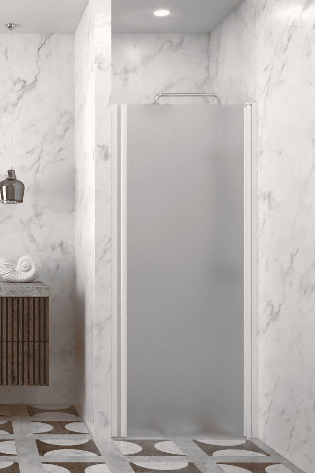 Hinged shower door with wall magnet Hietakari Infinia 233, white frame, satin frosted glass