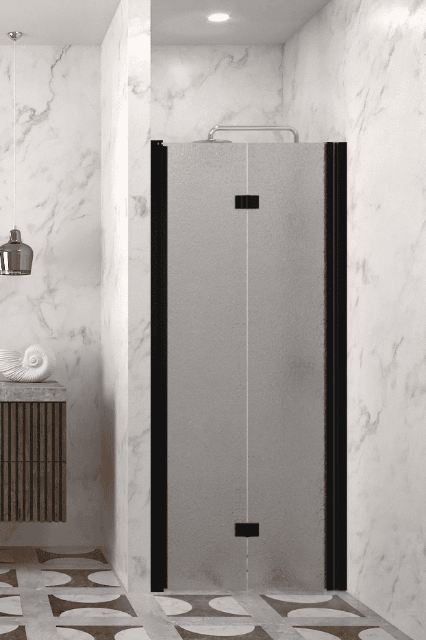 Folding shower door with wall magnet Hietakari Infinia 234, black frame, Chinchilla patterned glass Folding shower door with wall magnet Hietakari Infinia 234, black frame, Chinchilla patterned glass