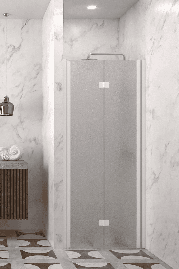 Folding shower door with wall magnet Hietakari Infinia 234, white frame, Chinchilla patterned glass Folding shower door with wall magnet Hietakari Infinia 234, white frame, Chinchilla patterned glass