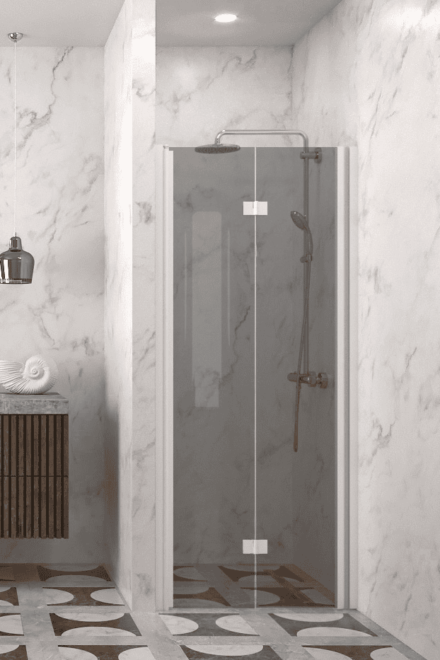Folding shower door with wall magnet Hietakari Infinia 234, white frame, grey tinted glass Folding shower door with wall magnet Hietakari Infinia 234, white frame, grey tinted glass