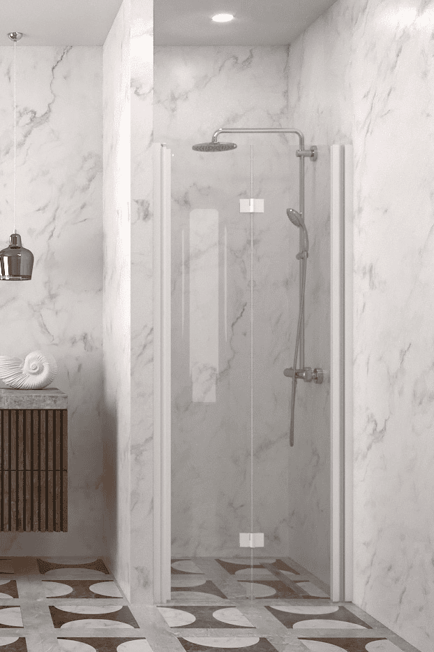 Folding shower door with wall magnet Hietakari Infinia 234, white frame, clear glass Folding shower door with wall magnet Hietakari Infinia 234, white frame, clear glass