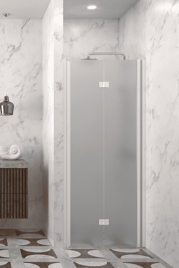 Folding shower door with wall magnet Hietakari Infinia 234, white frame, satin frosted glass Folding shower door with wall magnet Hietakari Infinia 234, white frame, satin frosted glass