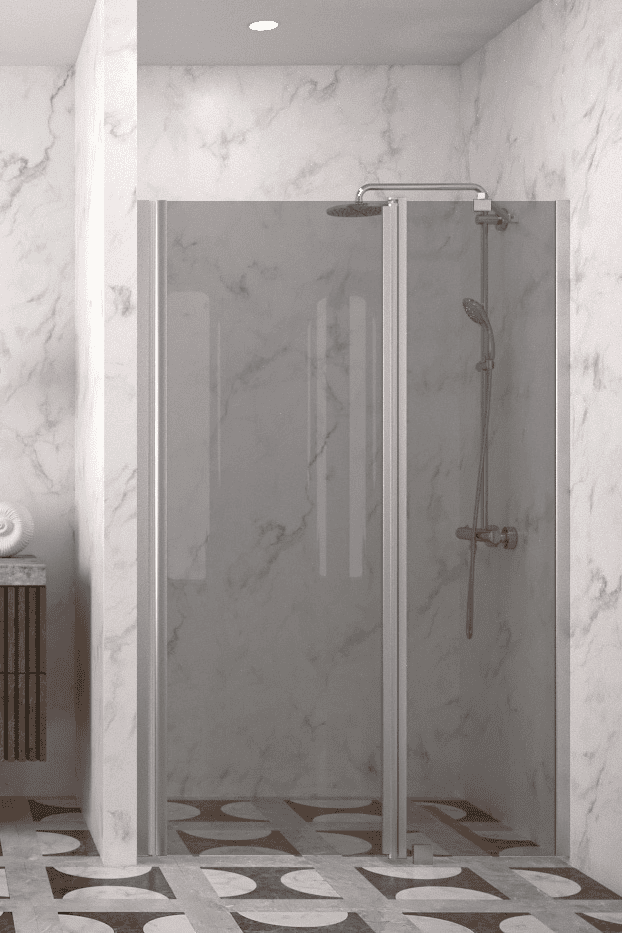 Hinged shower door with fixed part and wall magnet Hietakari Infinia 235, aluminium frame, grey tinted glass Hinged shower door with fixed part and wall magnet Hietakari Infinia 235, aluminium frame, grey tinted glass