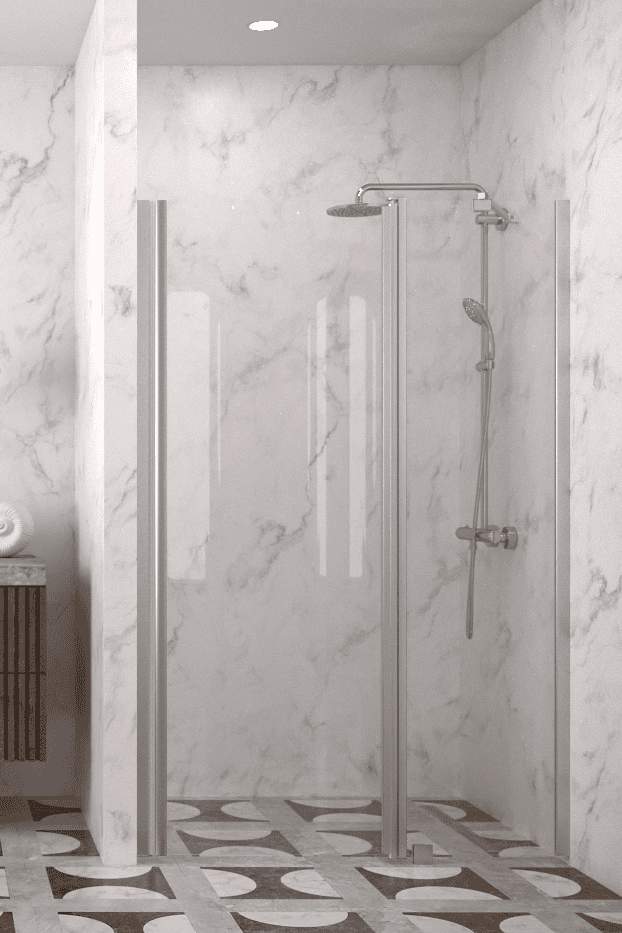 Hinged shower door with fixed part and wall magnet Hietakari Infinia 235, aluminium frame, clear glass Hinged shower door with fixed part and wall magnet Hietakari Infinia 235, aluminium frame, clear glass