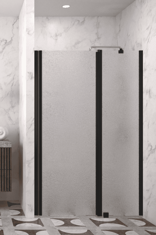 Hinged shower door with fixed part and wall magnet Hietakari Infinia 235, black frame, Chinchilla patterned glass Hinged shower door with fixed part and wall magnet Hietakari Infinia 235, black frame, Chinchilla patterned glass