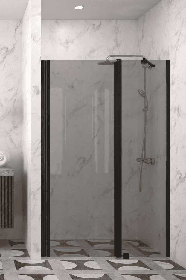Hinged shower door with fixed part and wall magnet Hietakari Infinia 235, black frame, grey tinted glass Hinged shower door with fixed part and wall magnet Hietakari Infinia 235, black frame, grey tinted glass