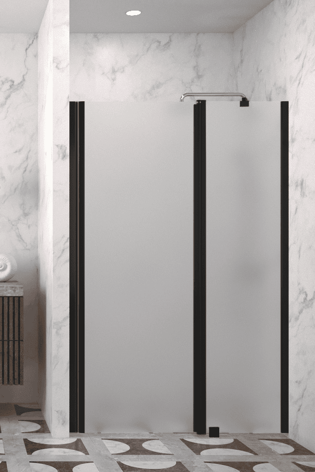 Hinged shower door with fixed part and wall magnet Hietakari Infinia 235, black frame, satin frosted glass Hinged shower door with fixed part and wall magnet Hietakari Infinia 235, black frame, satin frosted glass