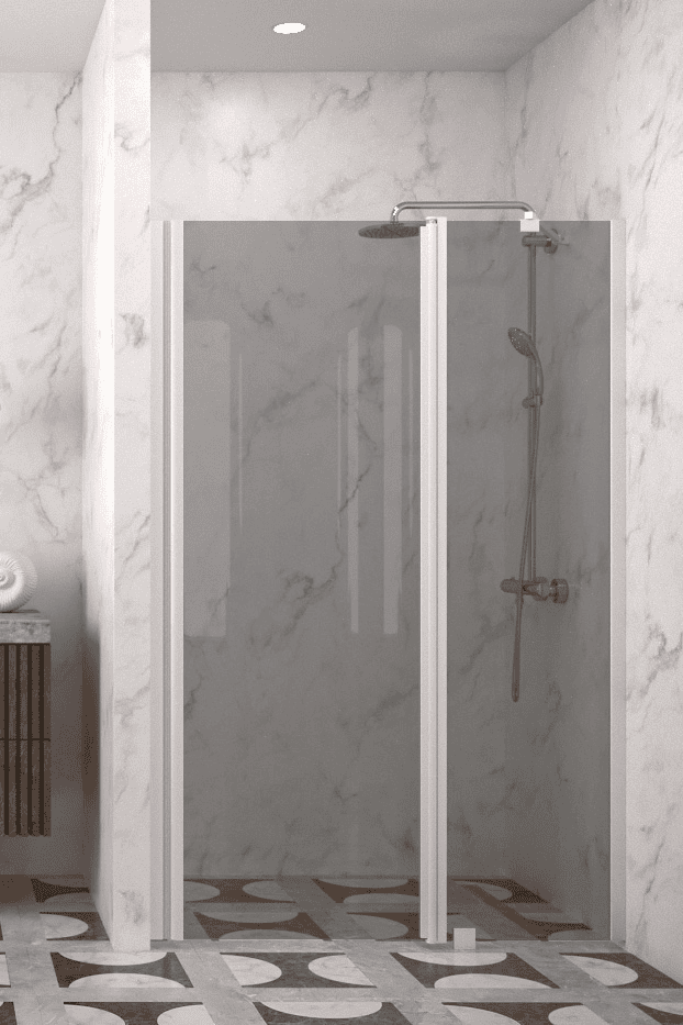 Hinged shower door with fixed part and wall magnet Hietakari Infinia 235, white frame, grey tinted glass Hinged shower door with fixed part and wall magnet Hietakari Infinia 235, white frame, grey tinted glass