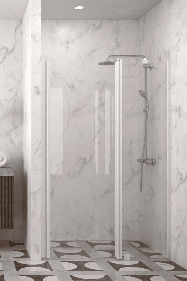 Hinged shower door with fixed part and wall magnet Hietakari Infinia 235, white frame, clear glass Hinged shower door with fixed part and wall magnet Hietakari Infinia 235, white frame, clear glass