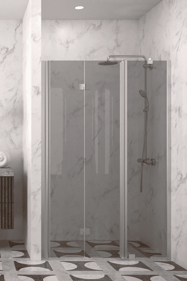 Folding shower door with fixed part and wall magnet Hietakari Infinia 236, aluminium frame, grey tinted glass Folding shower door with fixed part and wall magnet Hietakari Infinia 236, aluminium frame, grey tinted glass
