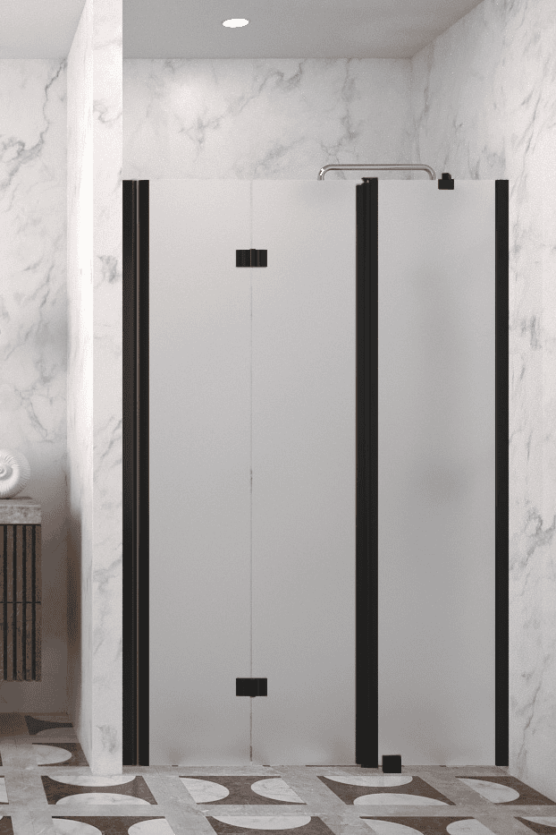 Folding shower door with fixed part and wall magnet Hietakari Infinia 236, black frame, satin frosted glass Folding shower door with fixed part and wall magnet Hietakari Infinia 236, black frame, satin frosted glass