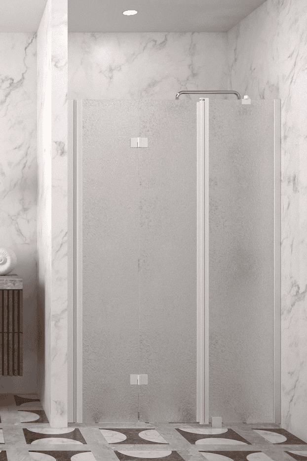 Folding shower door with fixed part and wall magnet Hietakari Infinia 236, white frame, Chinchilla patterned glass Folding shower door with fixed part and wall magnet Hietakari Infinia 236, white frame, Chinchilla patterned glass