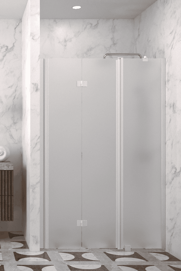 Folding shower door with fixed part and wall magnet Hietakari Infinia 236, white frame, satin frosted glass Folding shower door with fixed part and wall magnet Hietakari Infinia 236, white frame, satin frosted glass