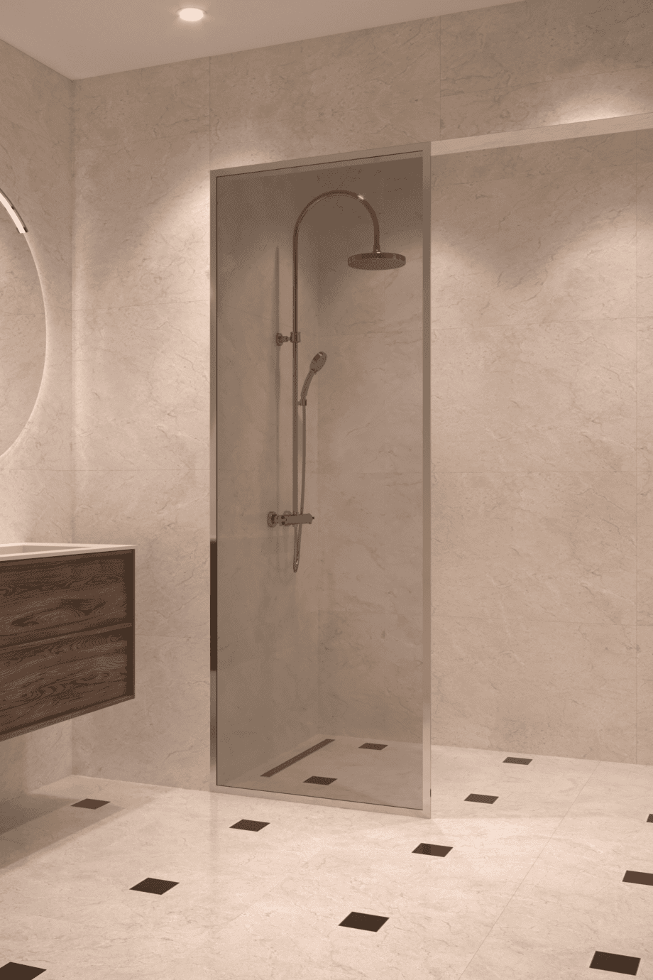 Fully framed fixed shower screen Hietakari Vetro 501, chrome fittings, grey tinted glass Fully framed fixed shower screen Hietakari Vetro 501, chrome fittings, grey tinted glass