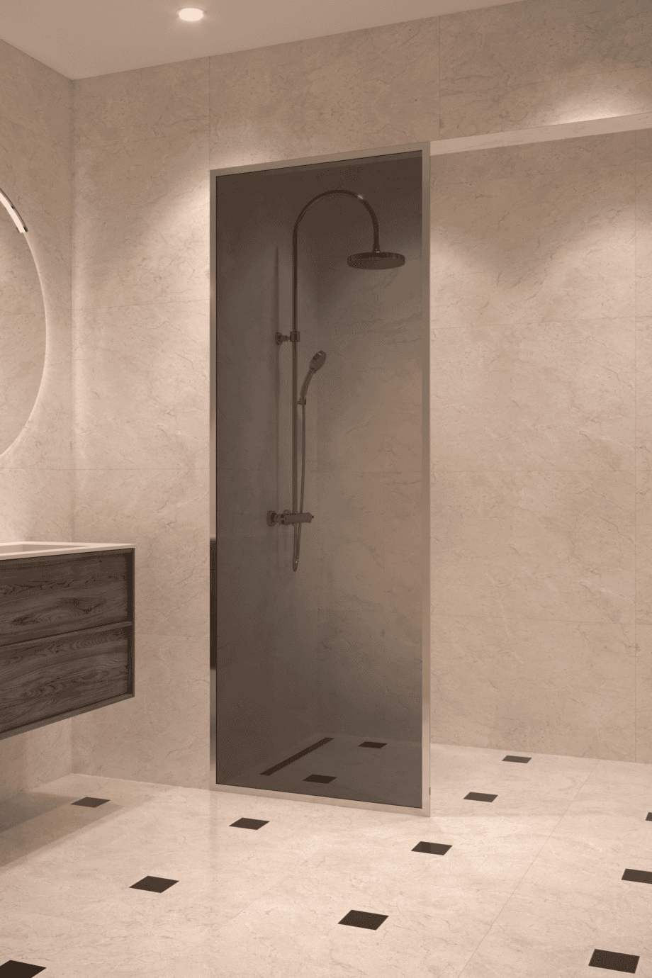 Fully framed fixed shower screen Hietakari Vetro 501, chrome fittings, black glass Fully framed fixed shower screen Hietakari Vetro 501, chrome fittings, black glass