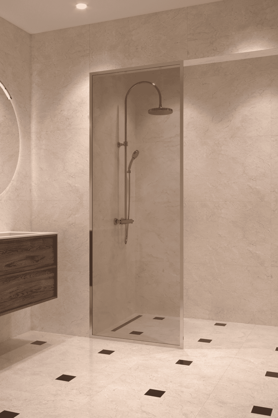 Fully framed fixed shower screen Hietakari Vetro 501, chrome fittings, bronze tinted glass Fully framed fixed shower screen Hietakari Vetro 501, chrome fittings, bronze tinted glass
