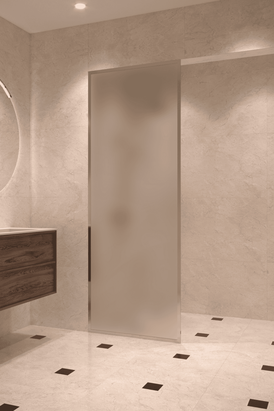 Fully framed fixed shower screen Hietakari Vetro 501, chrome fittings, satin frosted glass Fully framed fixed shower screen Hietakari Vetro 501, chrome fittings, satin frosted glass
