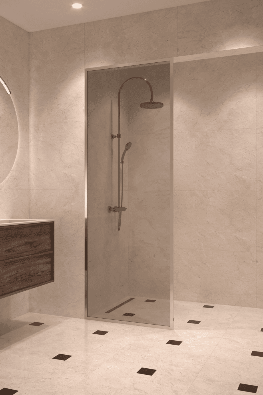 Fully framed fixed shower screen Hietakari Vetro 501, brass fittings, grey tinted glass Fully framed fixed shower screen Hietakari Vetro 501, brass fittings, grey tinted glass