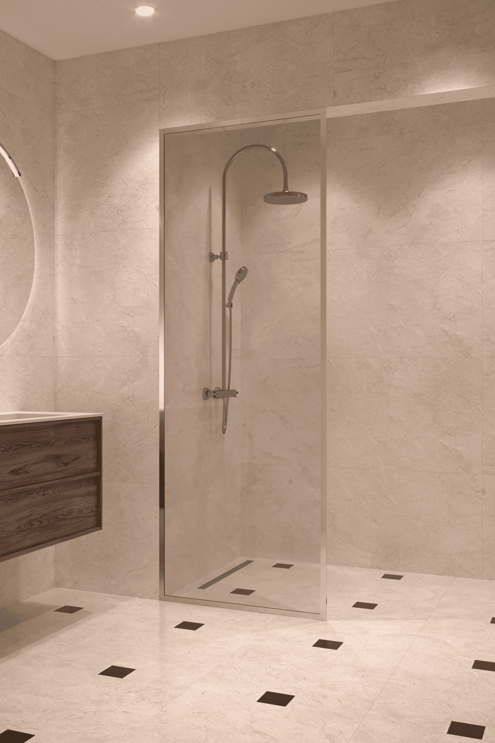 Fully framed fixed shower screen Hietakari Vetro 501, brass fittings, clear glass Fully framed fixed shower screen Hietakari Vetro 501, brass fittings, clear glass