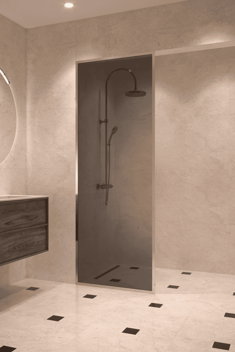 Fully framed fixed shower screen Hietakari Vetro 501, brass fittings, black glass Fully framed fixed shower screen Hietakari Vetro 501, brass fittings, black glass