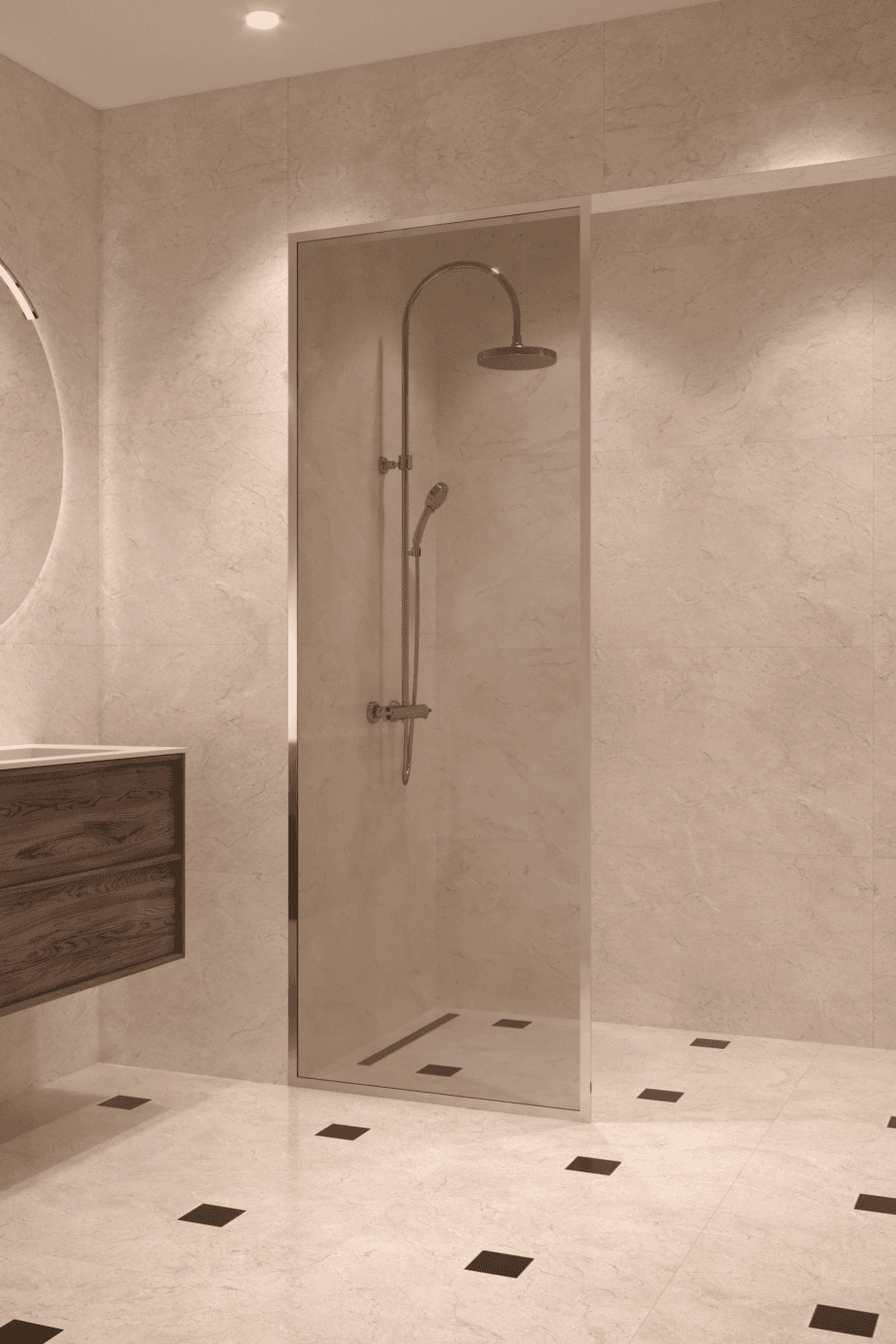 Fully framed fixed shower screen Hietakari Vetro 501, brass fittings, bronze tinted glass Fully framed fixed shower screen Hietakari Vetro 501, brass fittings, bronze tinted glass