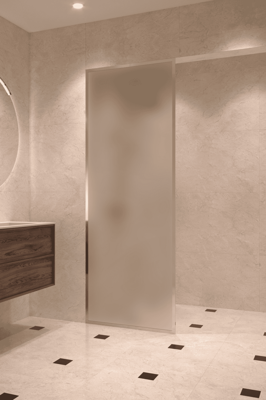 Fully framed fixed shower screen Hietakari Vetro 501, brass fittings, satin frosted glass Fully framed fixed shower screen Hietakari Vetro 501, brass fittings, satin frosted glass