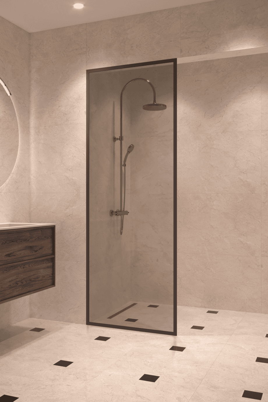 Fully framed fixed shower screen Hietakari Vetro 501, black fittings, grey tinted glass Fully framed fixed shower screen Hietakari Vetro 501, black fittings, grey tinted glass