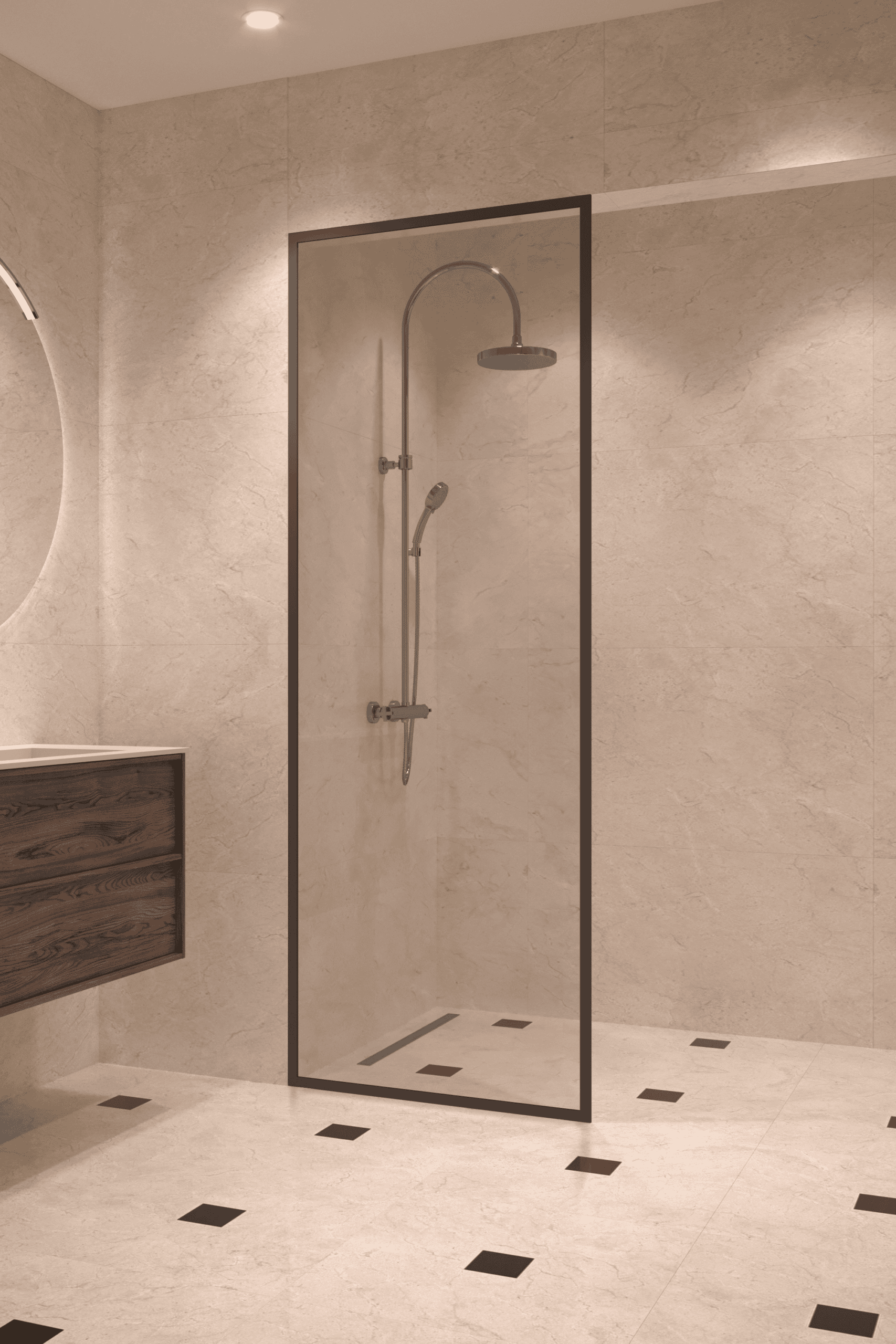 Fully framed fixed shower screen Hietakari Vetro 501, black fittings, clear glass Fully framed fixed shower screen Hietakari Vetro 501, black fittings, clear glass