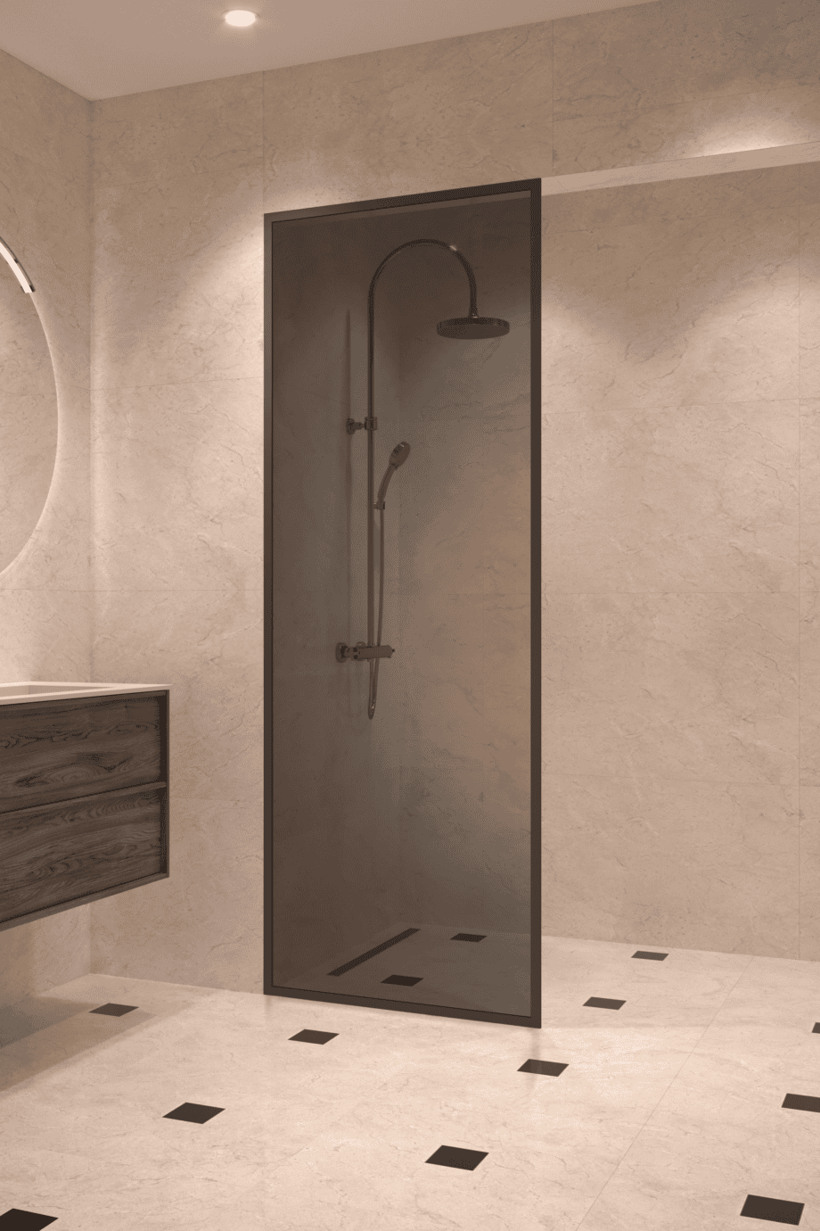 Fully framed fixed shower screen Hietakari Vetro 501, black fittings, black glass Fully framed fixed shower screen Hietakari Vetro 501, black fittings, black glass