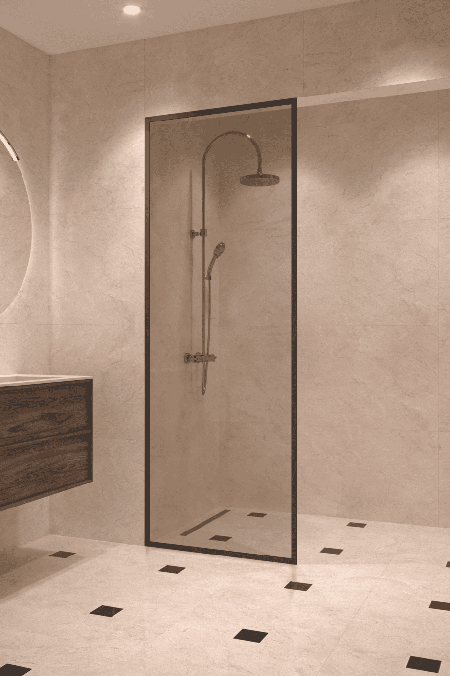 Fully framed fixed shower screen Hietakari Vetro 501, black fittings, bronze tinted glass Fully framed fixed shower screen Hietakari Vetro 501, black fittings, bronze tinted glass