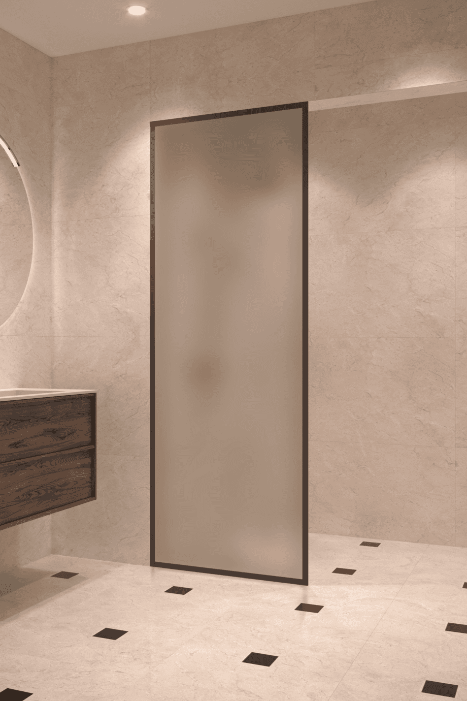 Fully framed fixed shower screen Hietakari Vetro 501, black fittings, satin frosted glass Fully framed fixed shower screen Hietakari Vetro 501, black fittings, satin frosted glass