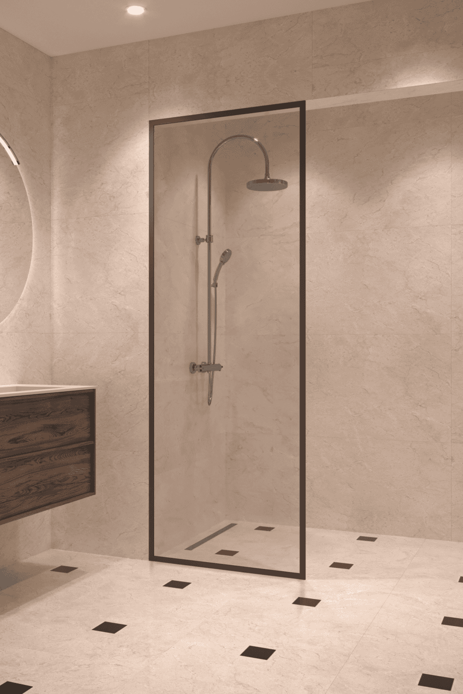 Fully framed fixed shower screen Hietakari Vetro 501, black fittings, super bright glass Fully framed fixed shower screen Hietakari Vetro 501, black fittings, super bright glass