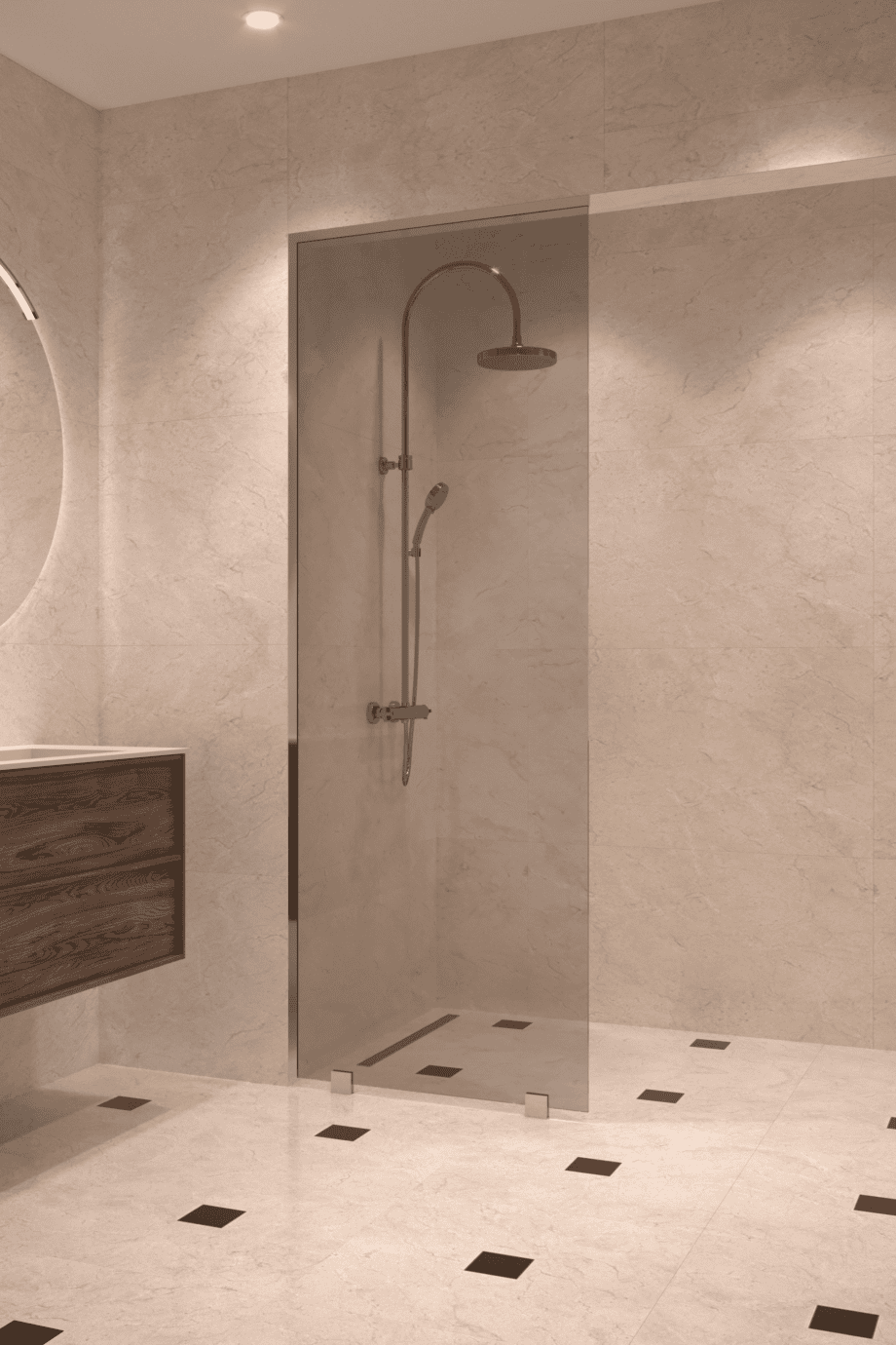 Partially framed fixed shower screen Hietakari Vetro 502, chrome fittings, grey tinted glass Partially framed fixed shower screen Hietakari Vetro 502, chrome fittings, grey tinted glass