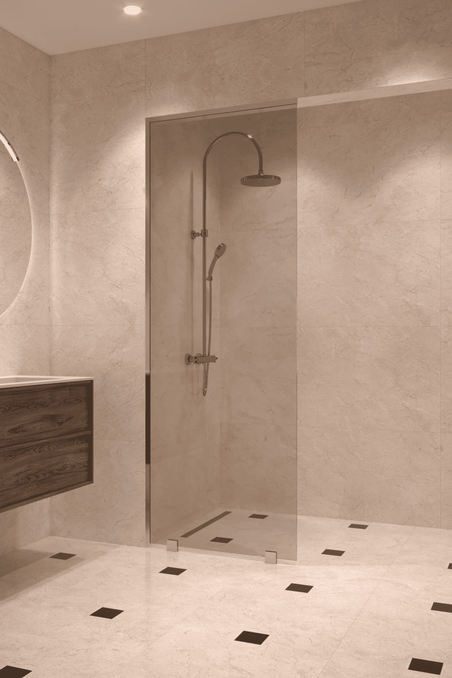 Partially framed fixed shower screen Hietakari Vetro 502, chrome fittings, bronze tinted glass Partially framed fixed shower screen Hietakari Vetro 502, chrome fittings, bronze tinted glass