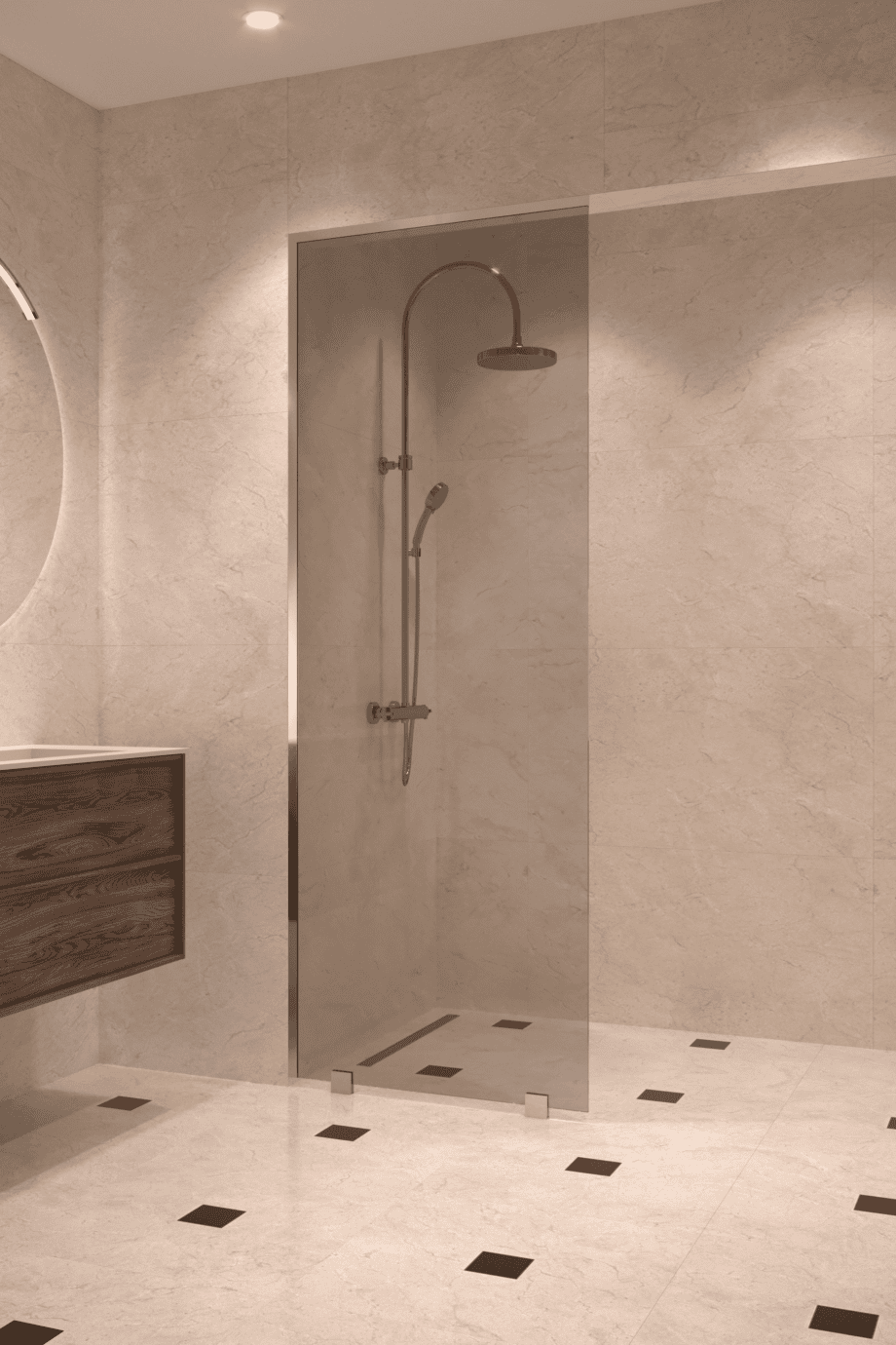 Partially framed fixed shower screen Hietakari Vetro 502, brass fittings, grey tinted glass Partially framed fixed shower screen Hietakari Vetro 502, brass fittings, grey tinted glass