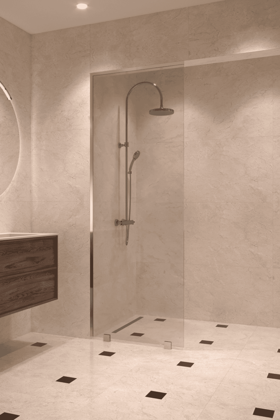 Partially framed fixed shower screen Hietakari Vetro 502, brass fittings, clear glass Partially framed fixed shower screen Hietakari Vetro 502, brass fittings, clear glass